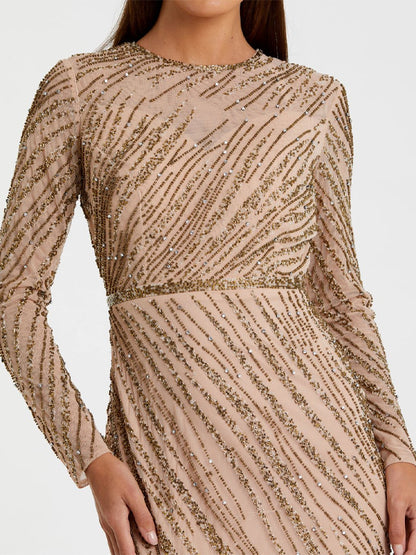 Round Neck Long Sleeves Sequined Mesh Maxi Dress