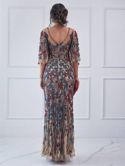 V-Neck Mesh Sequin Print Maxi Dress