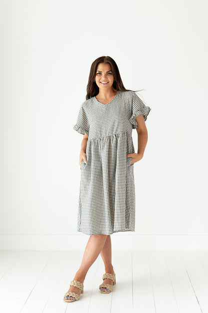 loveedsTM-Jenni Gingham Ruffle-Sleeve Dress in Light Grey