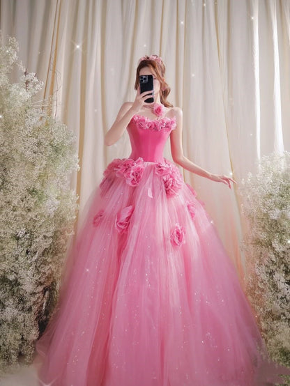 Pink Floral Long Velvet Tulle Quinceanera Gowns Ball Gown Evening Dress gh4885