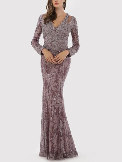 V-neck Lace Solid Color Maxi Dress