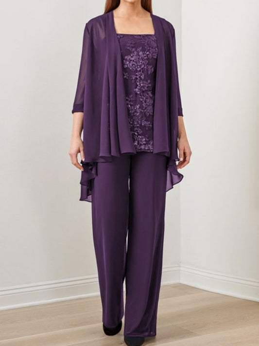 Suit Sequined Chiffon Embroidered Top + Chiffon Long Pants
