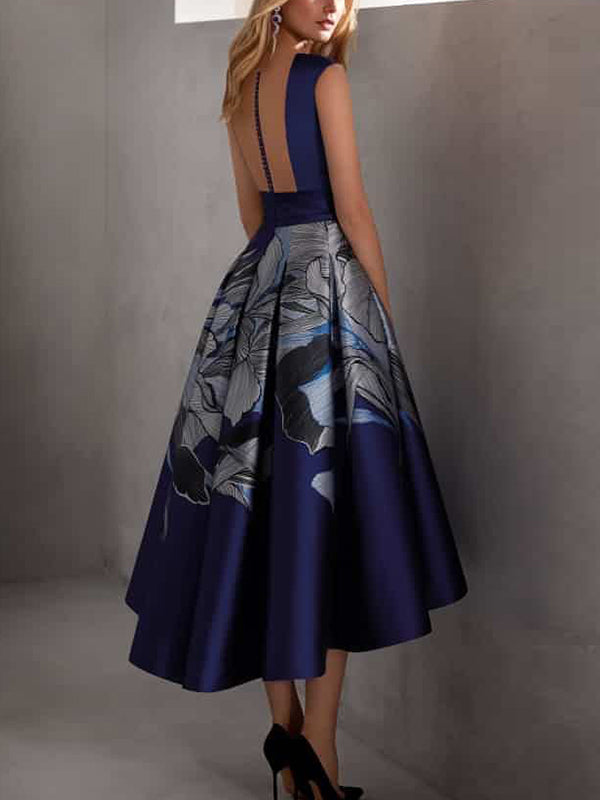 Round Neck Sleeveless Print Midi Dress