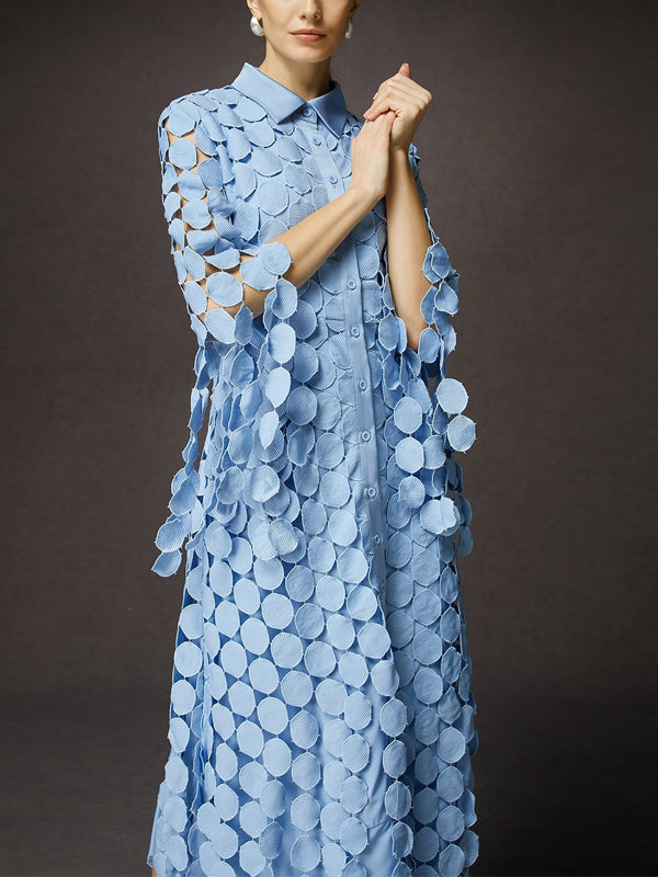 Elegant Shirt Collar Three Quarter Sleeve Lace Maxi Dress