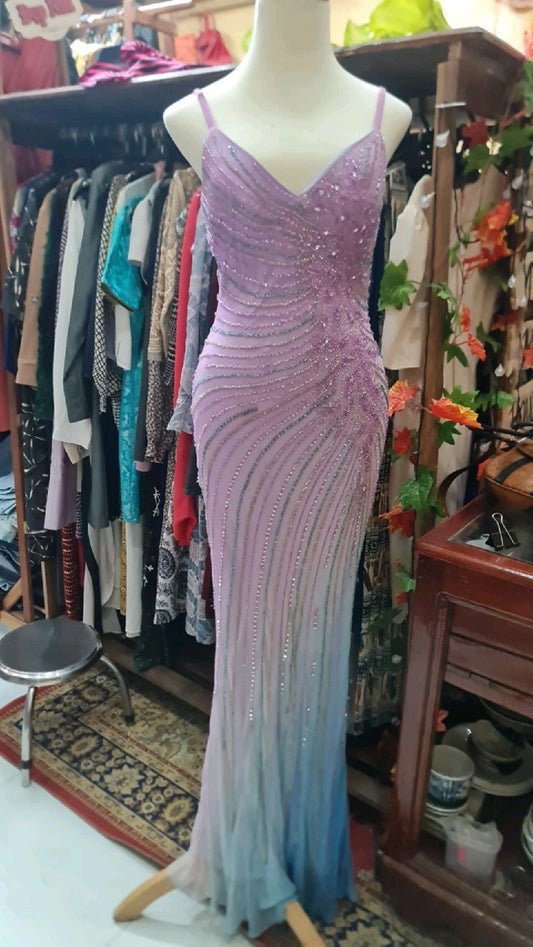 Pink Blue Shiny Fashion Gradient Long Exquisite Beaded Long Chiffon Prom Dress Evening Dress Party Dress gh5132