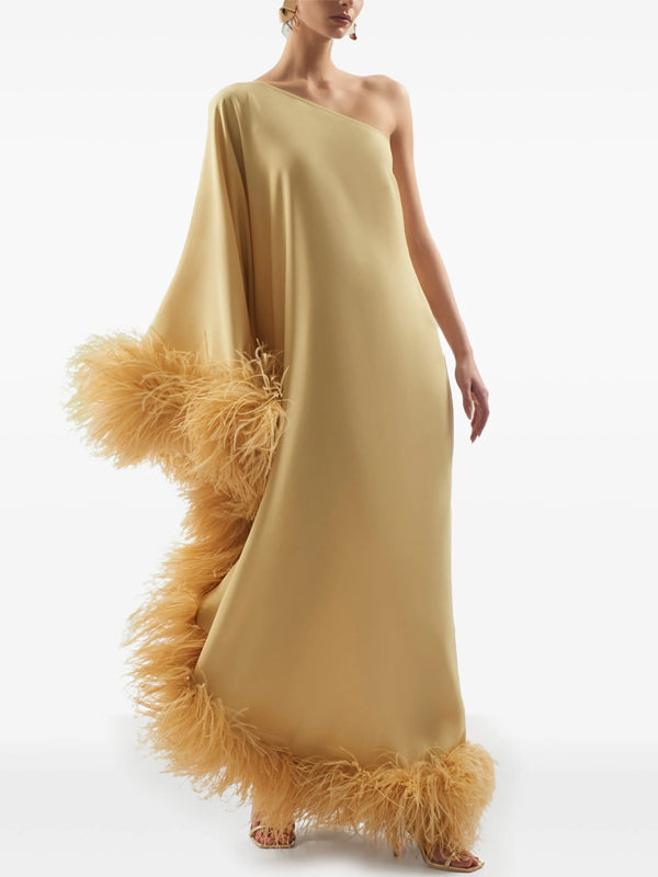 One Shoulder Solid Color Feather Maxi Dress