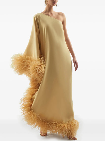 One Shoulder Solid Color Feather Maxi Dress