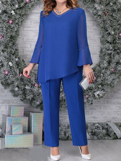 V-Neck Solid Color Hem Irregular Top And Trousers Suit