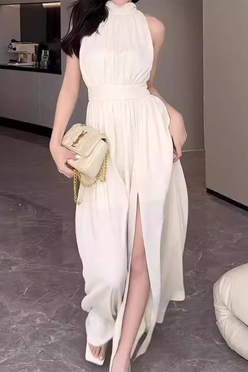 loveedsTM-Elegant Solid Slit Fold Halter Waist Skirt Dresses
