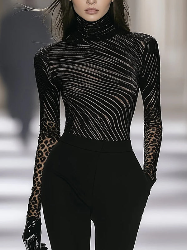 Black Stretch-fit T-shirt With Abstract Lines And Leopard Print