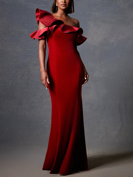 Off-shoulder Solid Color Maxi Dress