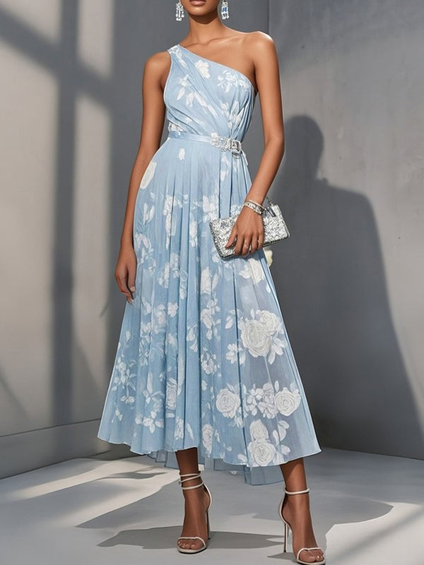 Floral Ruched Classic One Shoulder Sleeveless A-Line Midi Dress