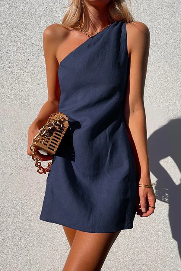 loveedsTM- Minimalism One Shoulder Linen Mini Dress