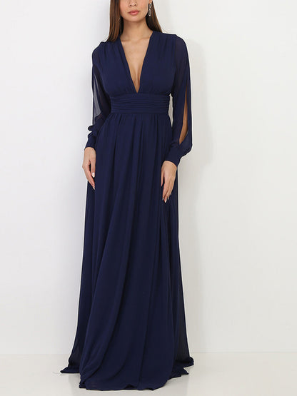 V-neck Solid Color Long Sleeve Chiffon Maxi Dress