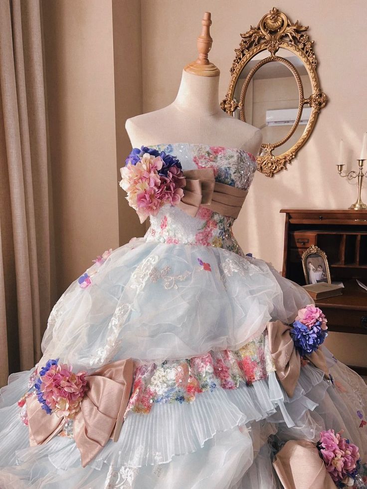 Romantic Hydrangea Flower Sweetheart Neck Ball Gown Layered Blue Organza Prom Dress Birthday Dress SH3634