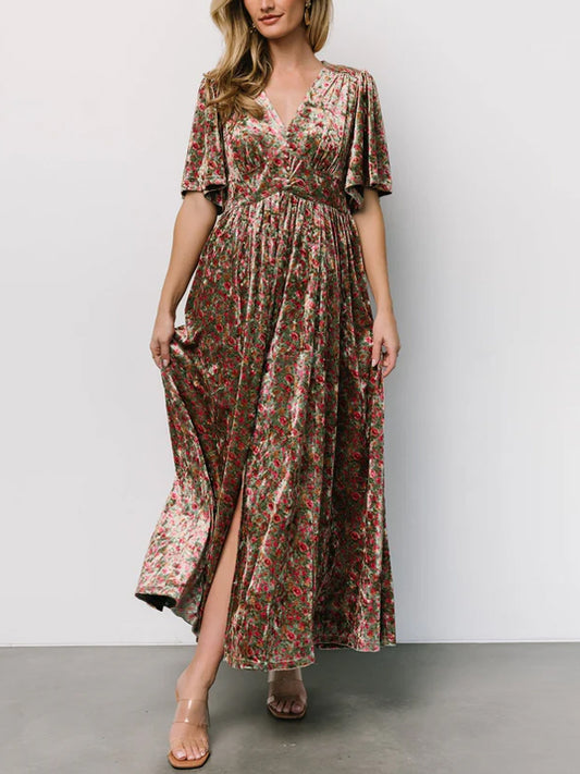 V-neck Corduroy Print Maxi Dress