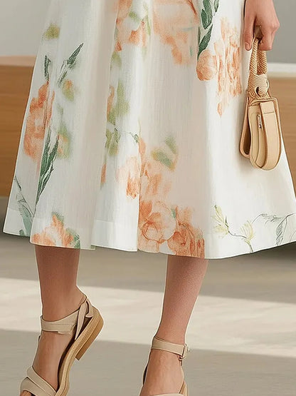 Elegant Sleeveless Linen Dress with Floral Print and Belt