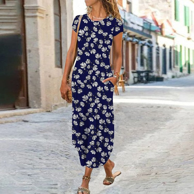 loveedsTM - Elegant Women Maxi Dress 2024 Summer O Neck Short Sleeve Sundress Office Lady Party Dress Female Print A-Line Long Dress Vestido