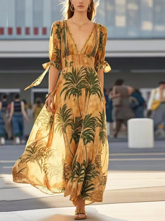 Khaki V-neck Printed  Maxi Dress