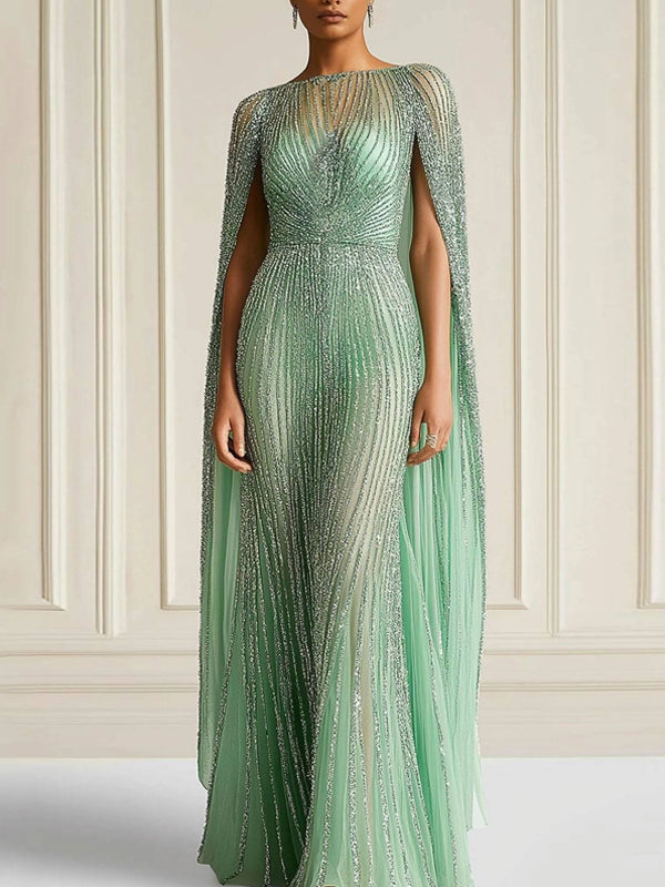 Evening Formal Gown Tulle Foil Fabric Cape Boat Neck Maxi Dress