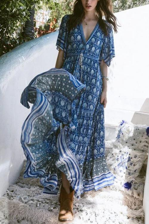 loveedsTM-Print V Neck Short Sleeve Maxi Dress