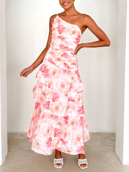 One Shoulder Pleated Spaghetti Strap Printed Dress