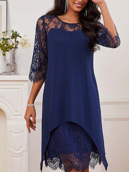 Lace Chiffon Stitching Casual Round Neck 3/4 Long Sleeve Dress