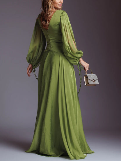 V-Neck Solid Chiffon Maxi Dress