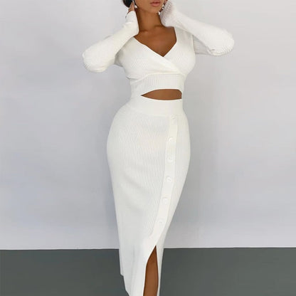 loveedsTM- Sexy Wrap Knit Suit V-Neck Long-Sleeve Crop Top + Button Slit Midi Skirt Elegant Outfits Socialite Casual Women Two Piece Sets