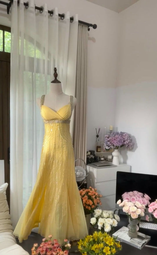 Yellow A Line Strap Beaded Sequin Chiffon Open Back Prom Dress Evening Dress SH2534