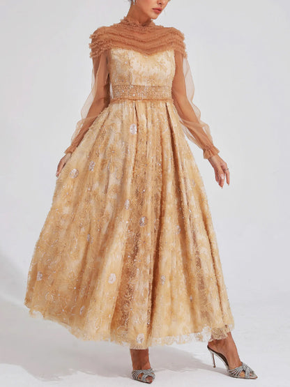 Mesh Lace Solid Color Long Sleeves Maxi Dress