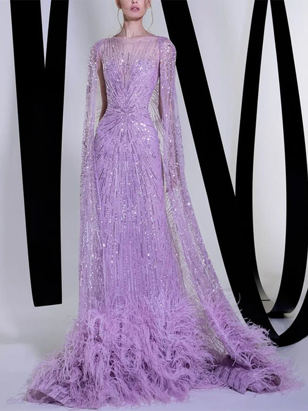 Elegant Feather Sequin Cape Maxi Dress