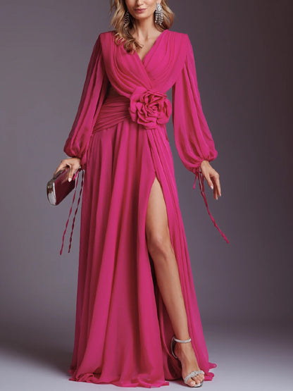 V-Neck Solid Chiffon Maxi Dress