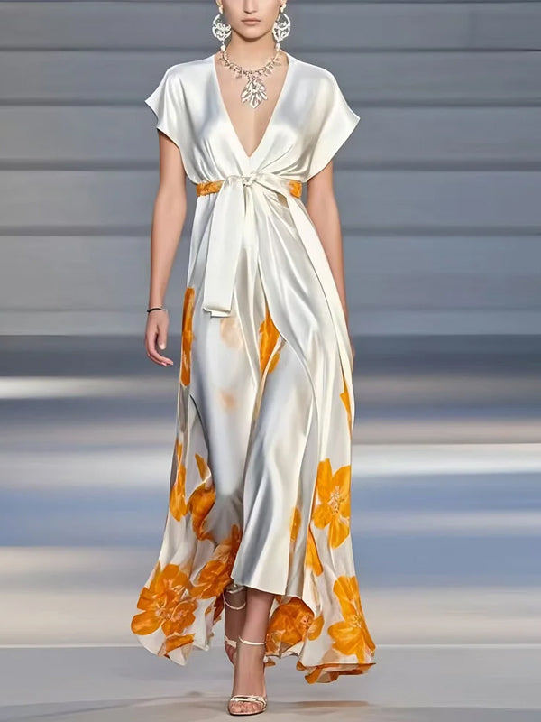 White V-neck Silk Print Maxi Dress