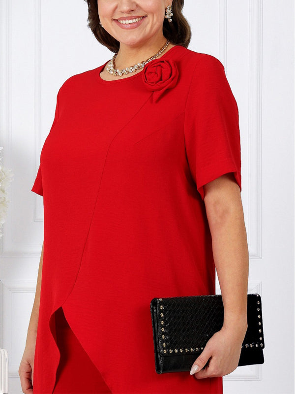 Round Neck Solid Color Short-sleeved Top And Trousers Suit