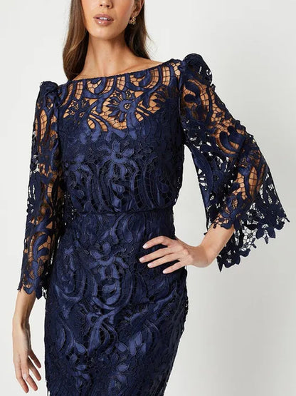Round Neck Solid Color Lace Midi Dress