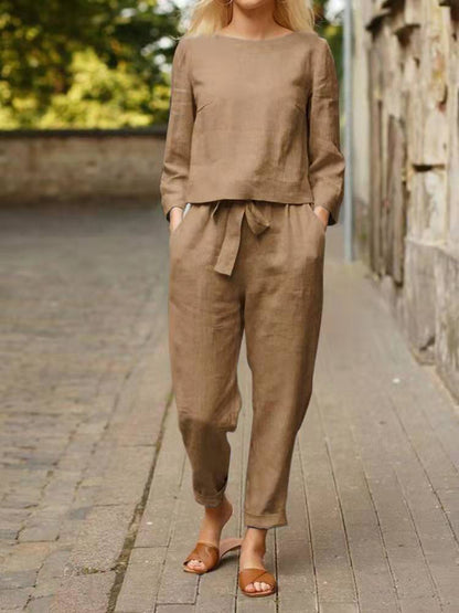 Autumn Solid Color Top and Tie Trousers Suit