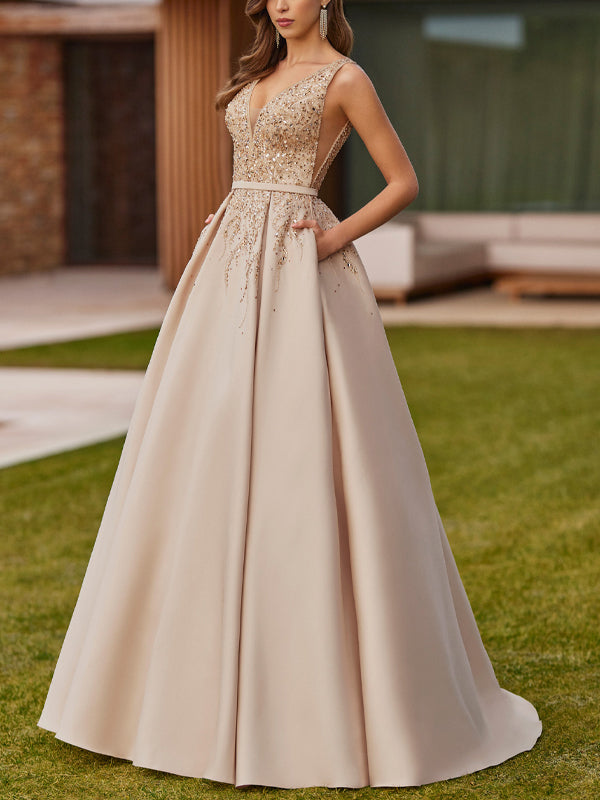 V-neck Sequin Solid Color Maxi Dress