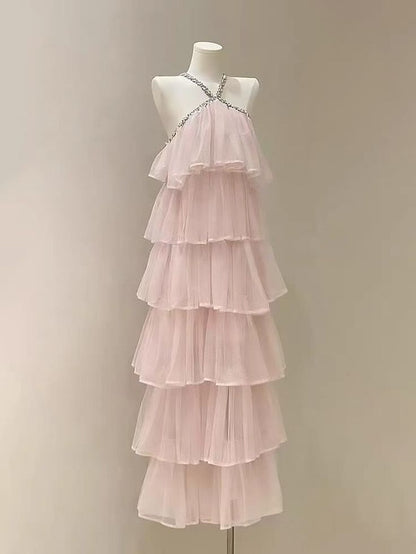 Light Pink/Blue Chiffon Rhinestone Strapless Cake Layered Ruffles Elegant Sweet Long Party Dress Prom Dress Evening Dress gh4760