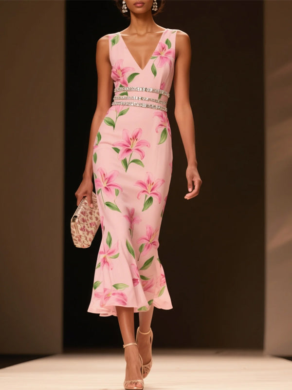 Pink Floral Rhinestone Chiffon V Neck Sleeveless Mermaid Midi Dress