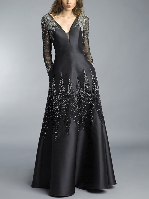 V-neck Sequin Solid Color Maxi Dress