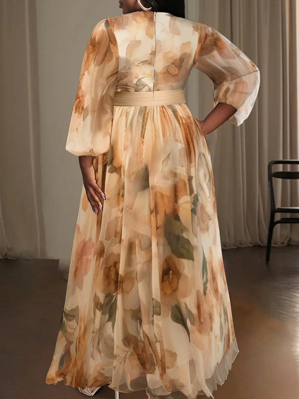 Floral V Neck Lantern Sleeve 3/4 Sleeve See Through Pocket Chiffon Maxi Dresses