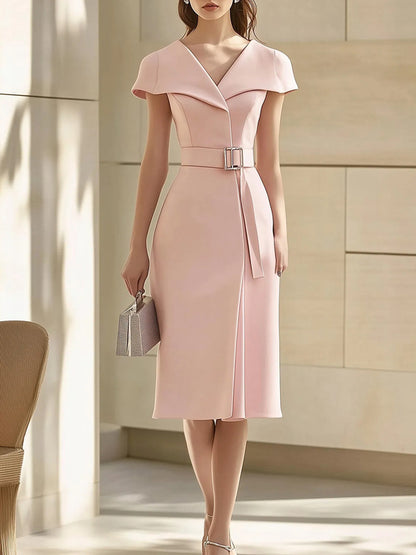 Elegant Pink Midi Dress with Unique Collar Design and Waist Belt