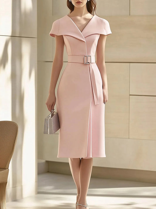 Elegant Pink Midi Dress with Unique Collar Design and Waist Belt