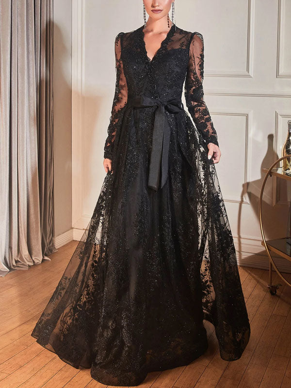 Black Long Sleeve Prom Gown