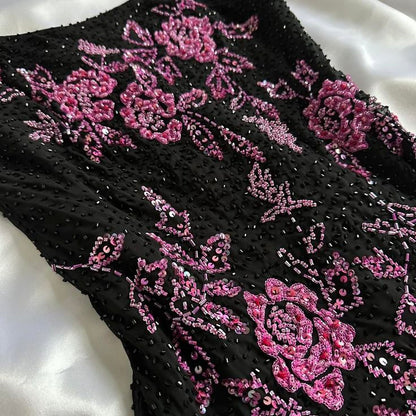 Black Retro Elegant Pink Beaded Chiffon Prom Dress Evening Dress Birthday Party Dress SH3595