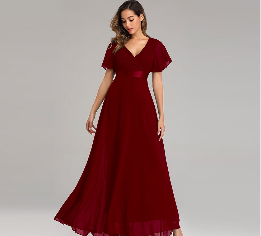 loveedsTM- Evening Dresses Elegant V-Neck Ruffles Chiffon Formal Evening Gown  Robe Vestidos De fiesta Dress for Wedding Party