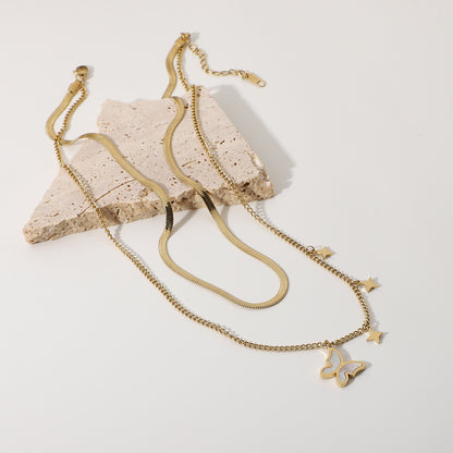 Double layer flat snake white shell butterfly necklace