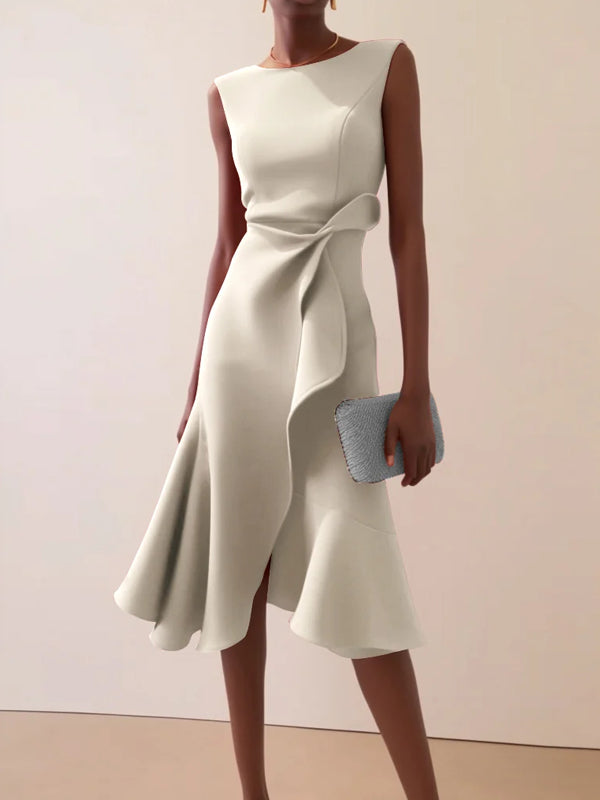 Ruffled Classic Boat Neck Sleeveless Midi Elegant A-line Dress with Waist Twist for Day-to-Night