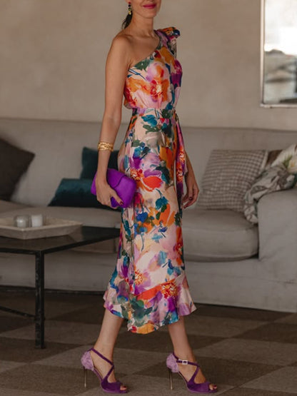 One-shoulder Chiffon Color Matching Women's Dress